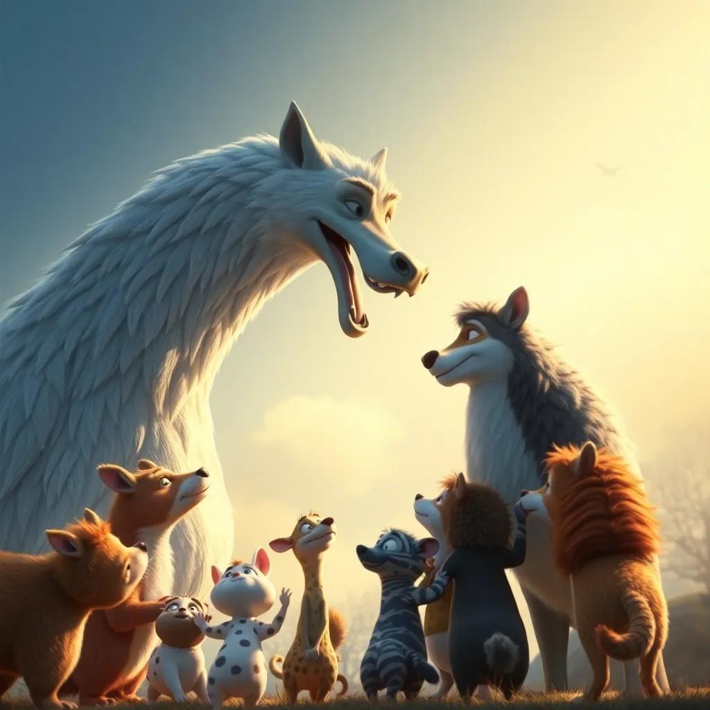 Un ciervo alto y majestuoso, sonriendo mientras recibe abrazos de varios animales pequeños que se acercan, ambiente de amistad, arte amistoso, suavidad en colores, perspectiva en grupo