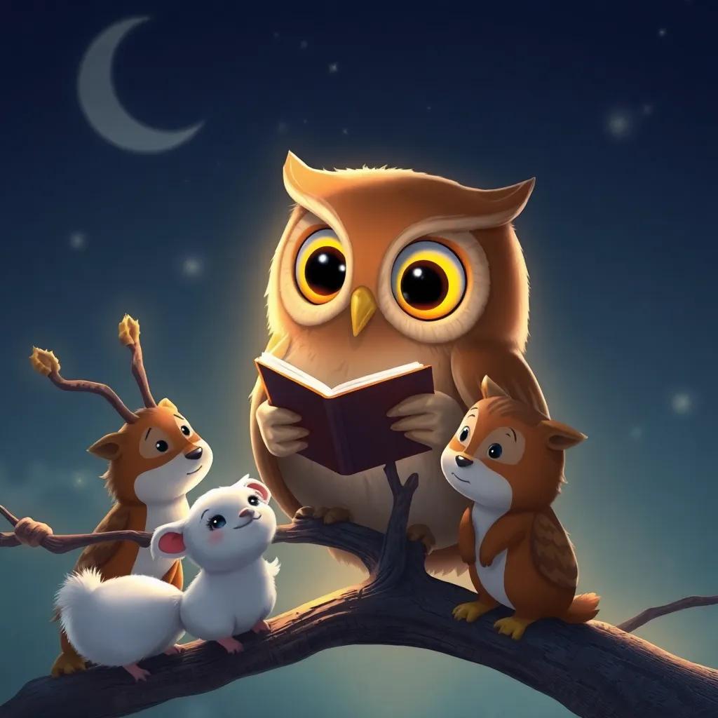 Un búho sabio de grandes ojos en una rama, contando historias mientras los animales escuchan atentos, luz suave, ambiente tranquilo, ilustración mágica, mágico
