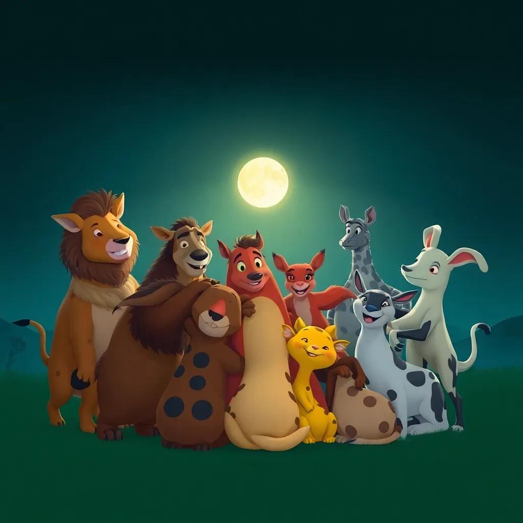 Un círculo de animales de diferentes especies, todos abrazándose bajo las luces del atardecer con la luna brillando en el fondo, escena alegre, colores cálidos, mágico, arte digital, alta calidad