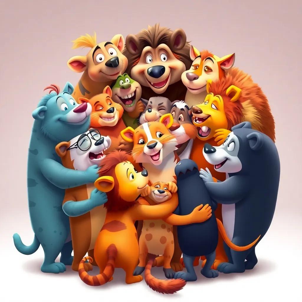 Un abrazo grupal entre todos los animales, riendo y disfrutando, un gran círculo de amistad, arte vibrante, ilustre la unión, alta calidad