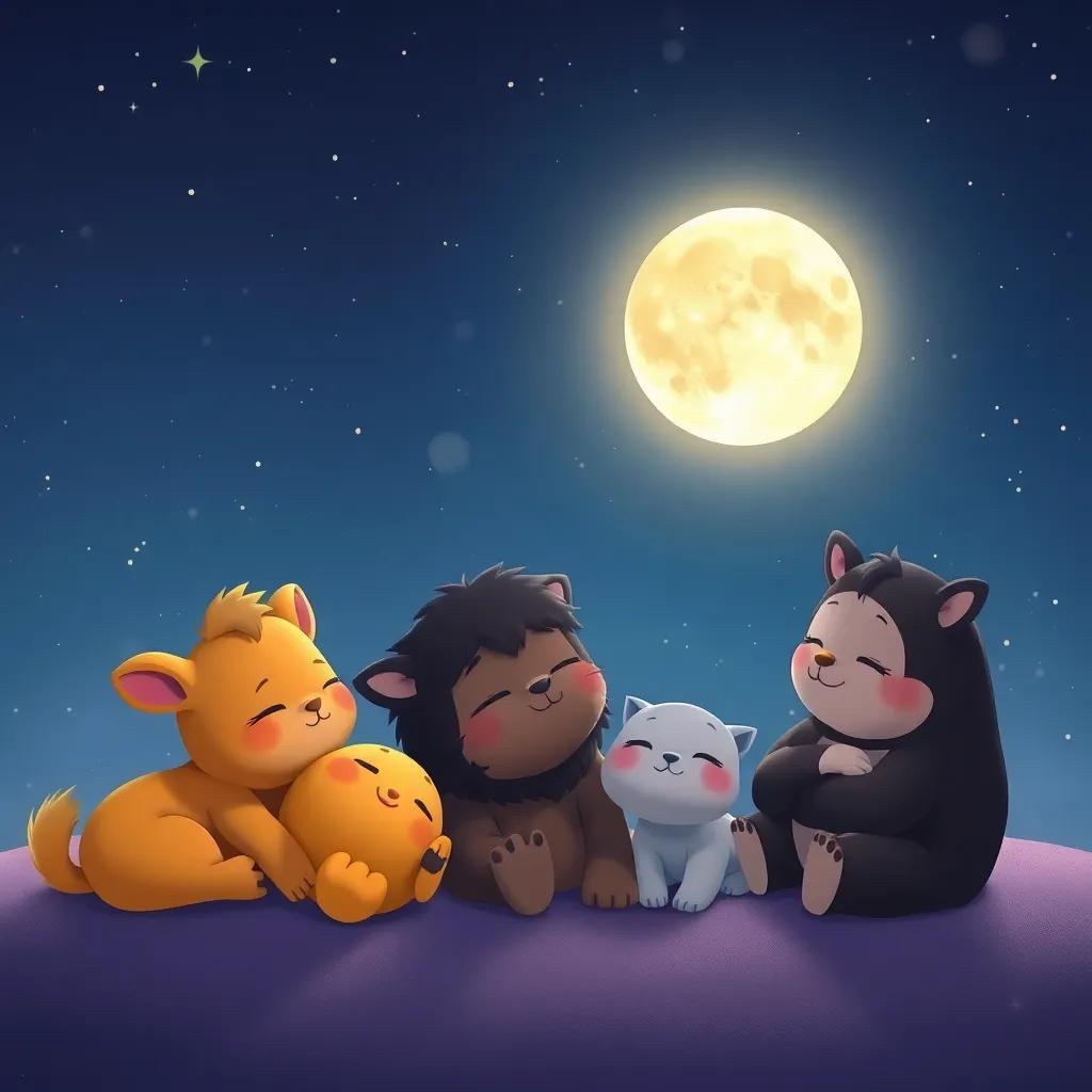 Una luna brillante en el cielo estrellado, con los animales despidiéndose entre sonrisas felices, ilustración nocturna, ambiente calmado, colores suaves, estilo encantador