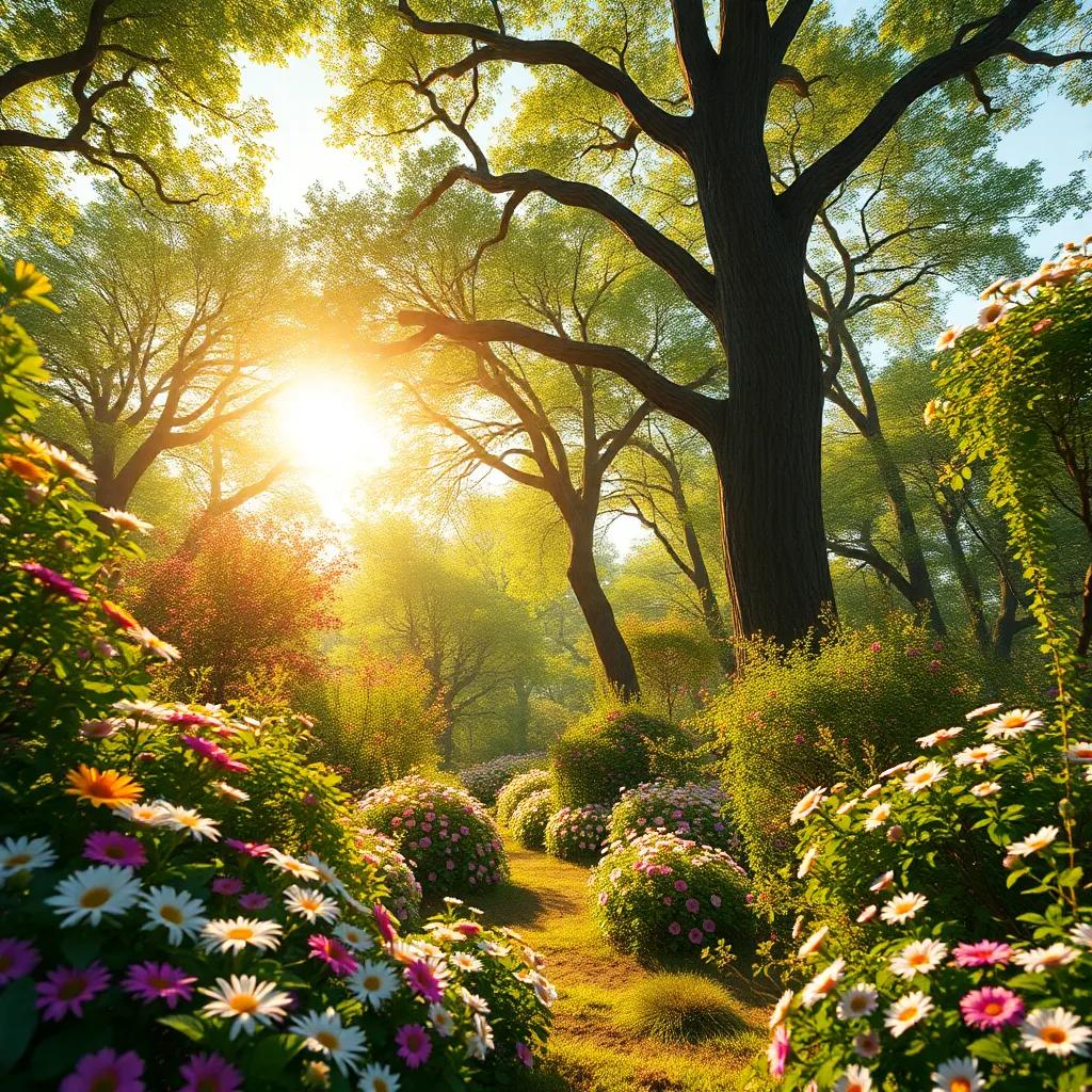Un hermoso bosque lleno de flores y árboles verdes, con el sol brillando, digital art, alegre y colorido, ambiente cálido, perspectiva amplia, alta calidad