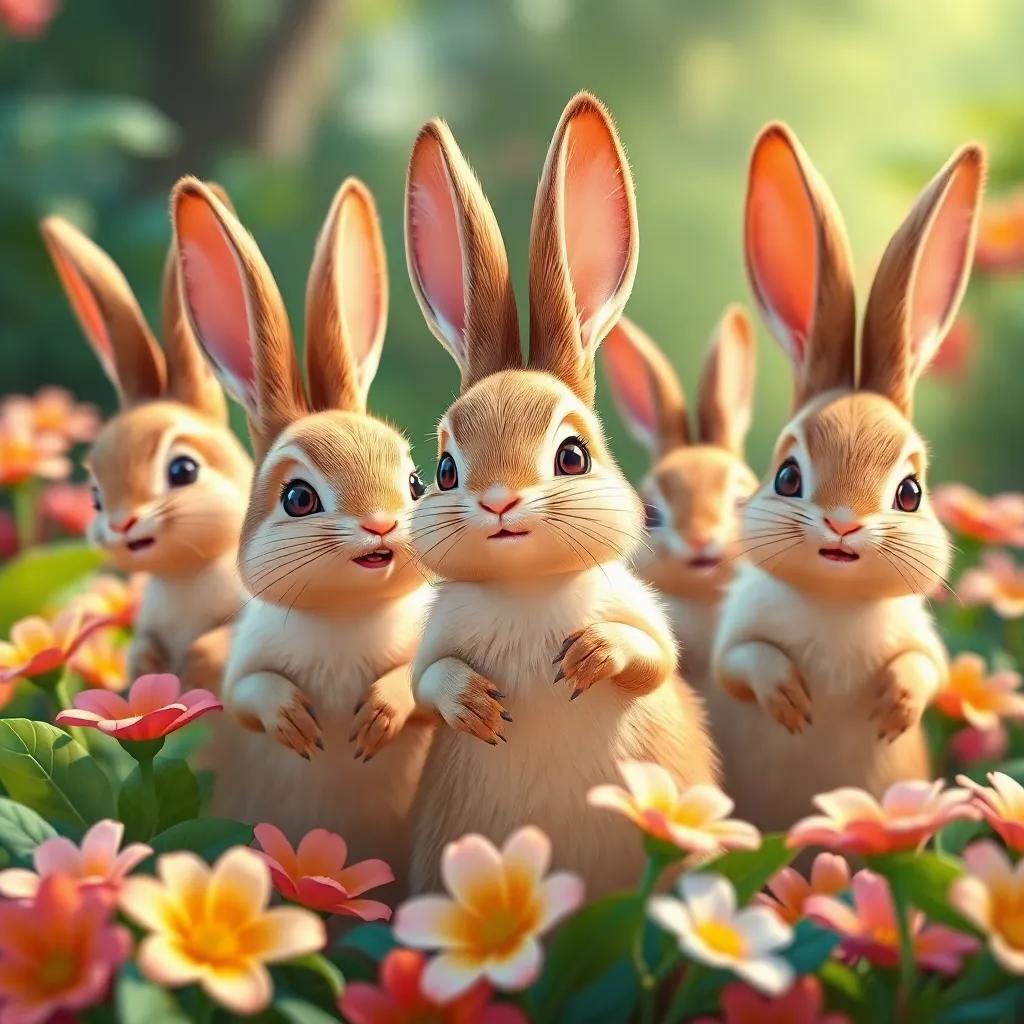 Un grupo de conejos alegres corre con zanahorias frescas, su piel suave y orejas largas, rodeados de flores, ilustración, animada, color brillante, vista cercana