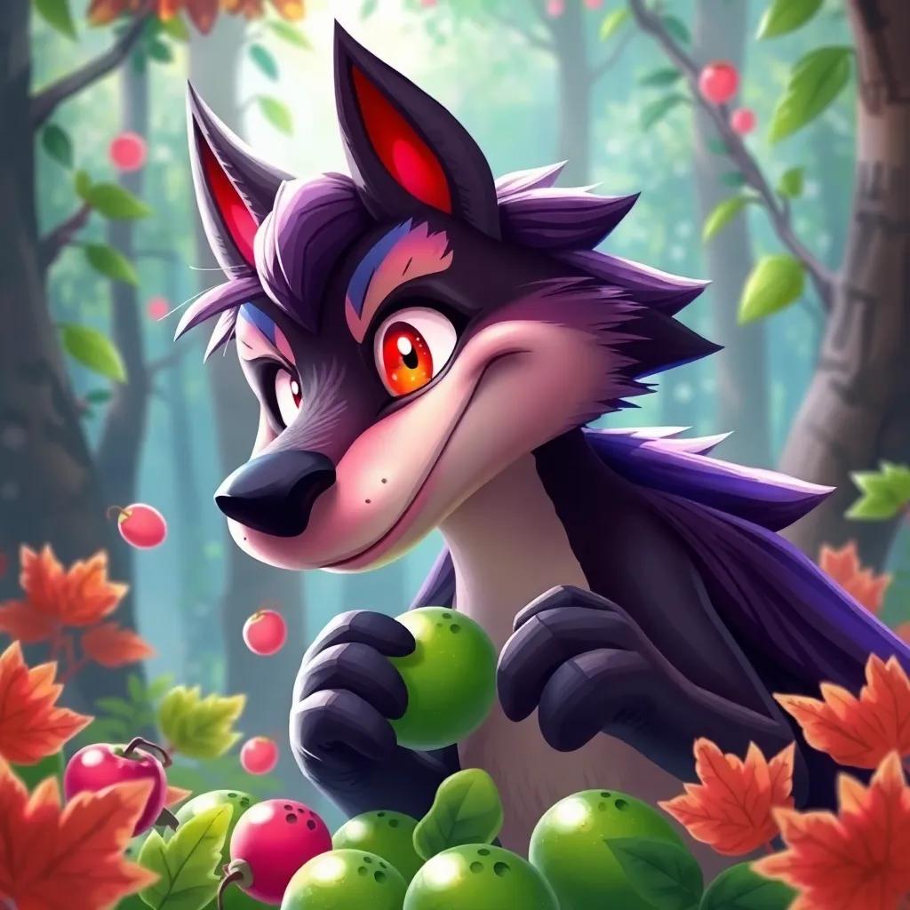 Un zorro astuto con una gran sonrisa, sosteniendo moras jugosas, en un entorno colorido del bosque, ilustración, divertida, colores vivos, vista detallada