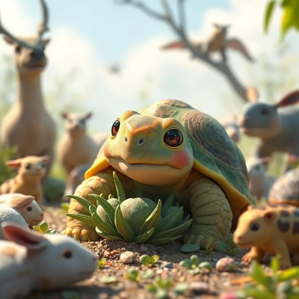 Una tortuga sonriente, sosteniendo un pastel de hierbas, en un entorno natural, rodeada de animales, arte digital, amable, suave, vista cálida