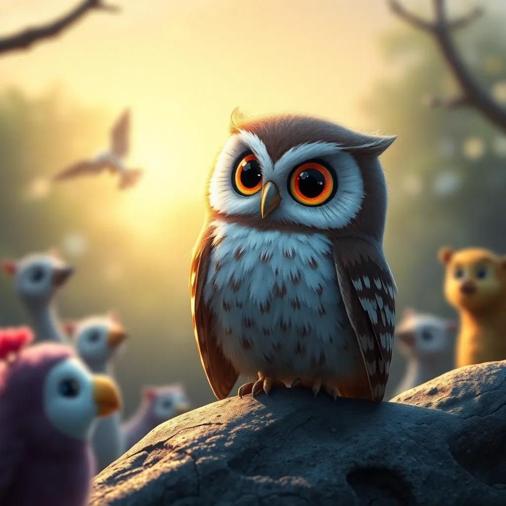 Un búho sabio sentado en una rama, mirando a los animales cantar, con ojos grandes y plumas suaves, arte digital, mágico, encantador, vista cercana