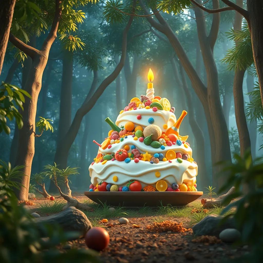 Un pastel grande y colorido, lleno de diferentes ingredientes, en el centro del bosque, arte digital, tentador, luminoso, vista amplia, alta calidad