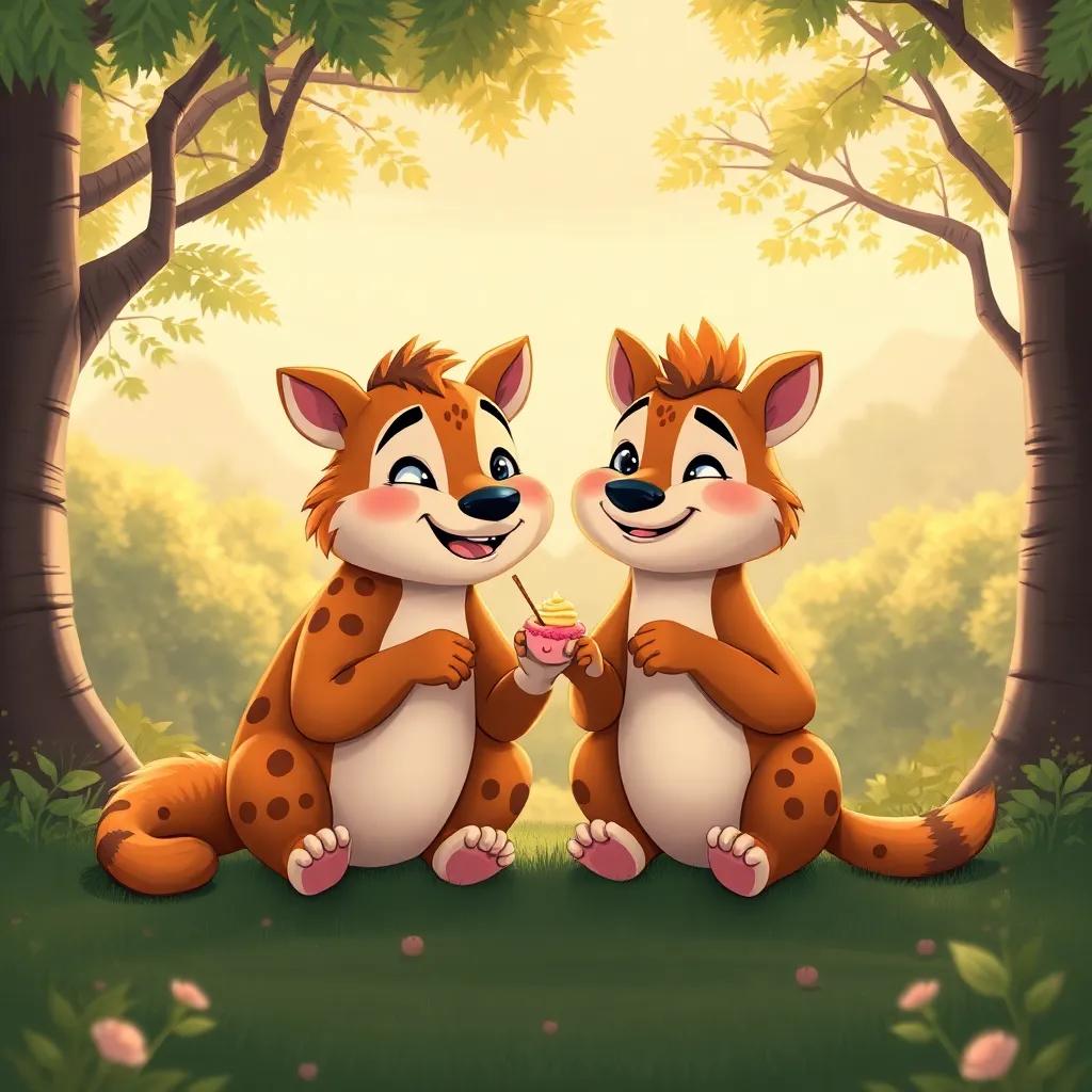 Animales sentados juntos disfrutando del pastel, sonrisas en sus rostros, rodeados de un hermoso paisaje de bosque, ilustración, alegre, cálido, vista amplia