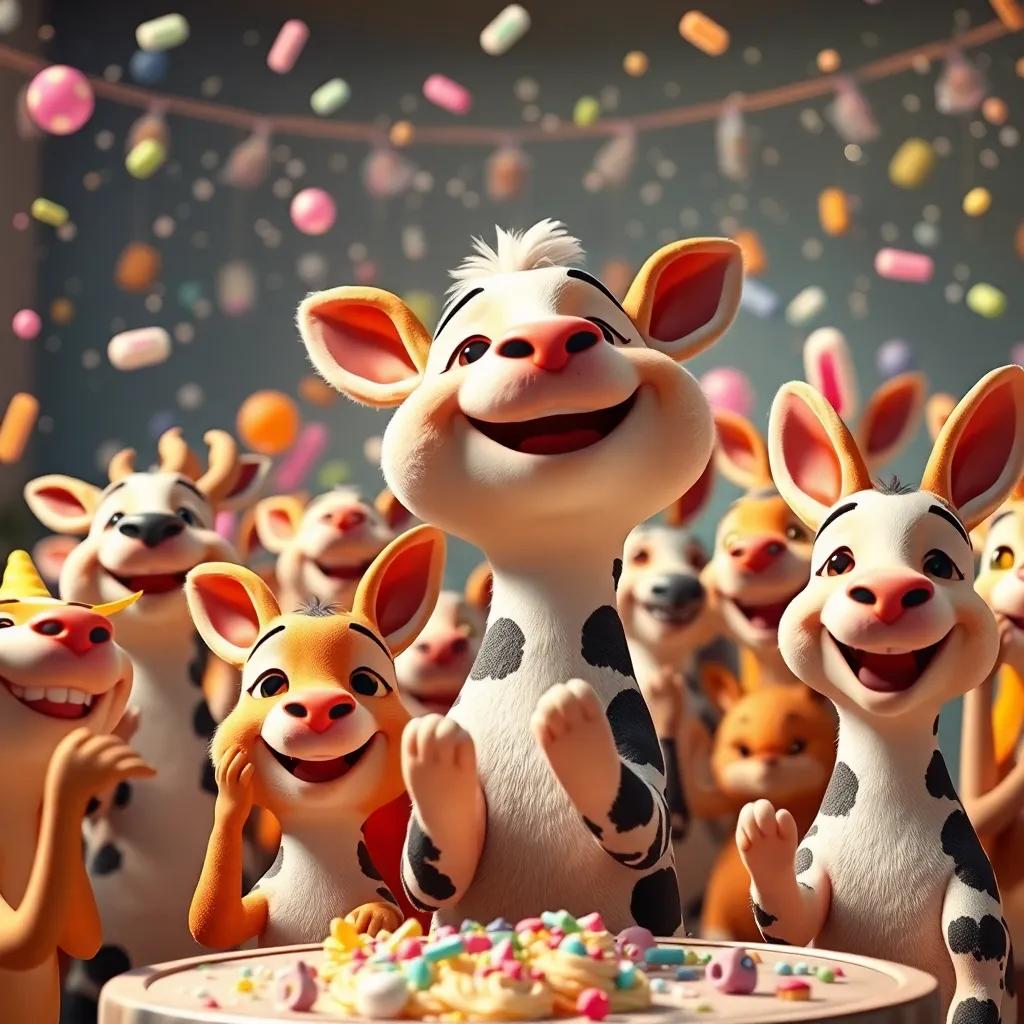 Con una gran sonrisa, todos los animales aplaudiendo, mientras levantan sus porciones de pastel, en un entorno de fiesta, arte digital, lleno de vida, vista cercana