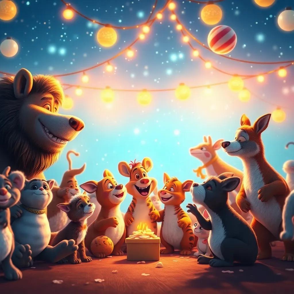 Un ambiente festivo donde todos los animales disfrutan juntos, riendo y brindando, con un hermoso cielo azul de fondo, arte digital, luminoso, festivo, alta calidad