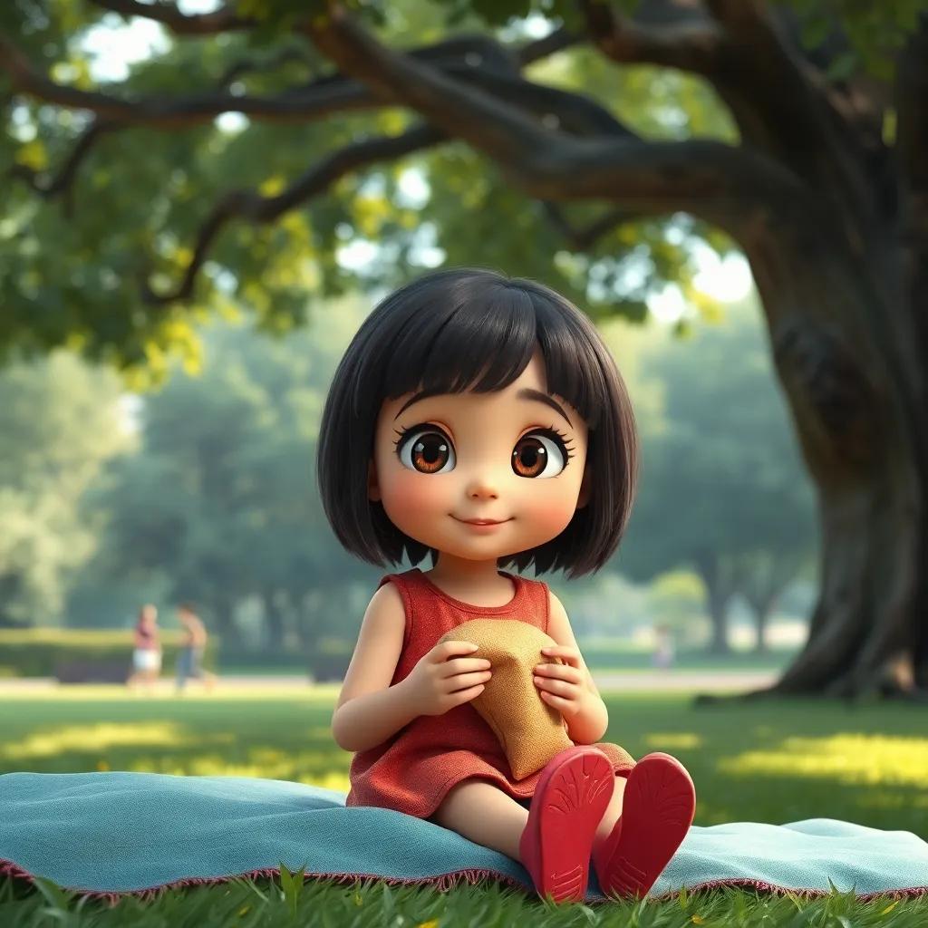 Ana, una niña con ojos grandes y pelo rizado, sentada sobre una manta en el parque, sacando sándwiches de una mochila, bajo un árbol grande, digital art, feliz y colorido, ambiente acogedor, alta calidad