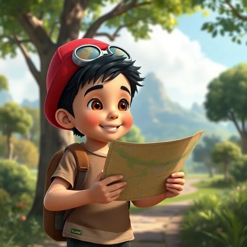Luis, un niño sonriente con gorra roja, sosteniendo un mapa de búsqueda del tesoro, con el parque de fondo, paseando entre los árboles, digital art, divertido, lleno de aventura, alta calidad