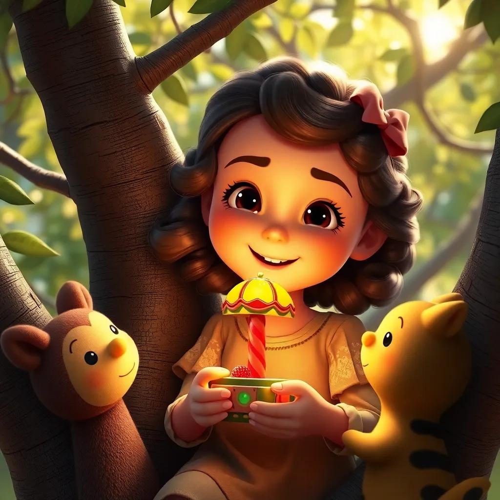 Sara, una niña con coletas, mostrando un juguete descubrimiento en un árbol mientras ríe, rodeada de amigos, digital art, brillante, atmósfera de alegría, alta calidad