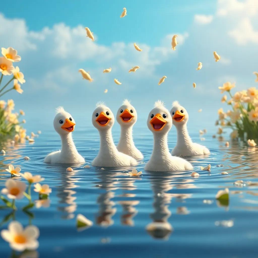 Un grupo de patos felices en un lago mientras los niños les lanzan migas de pan, escena llena de vida, flores alrededor y cielo azul, digital art, sereno, mágico, alta calidad