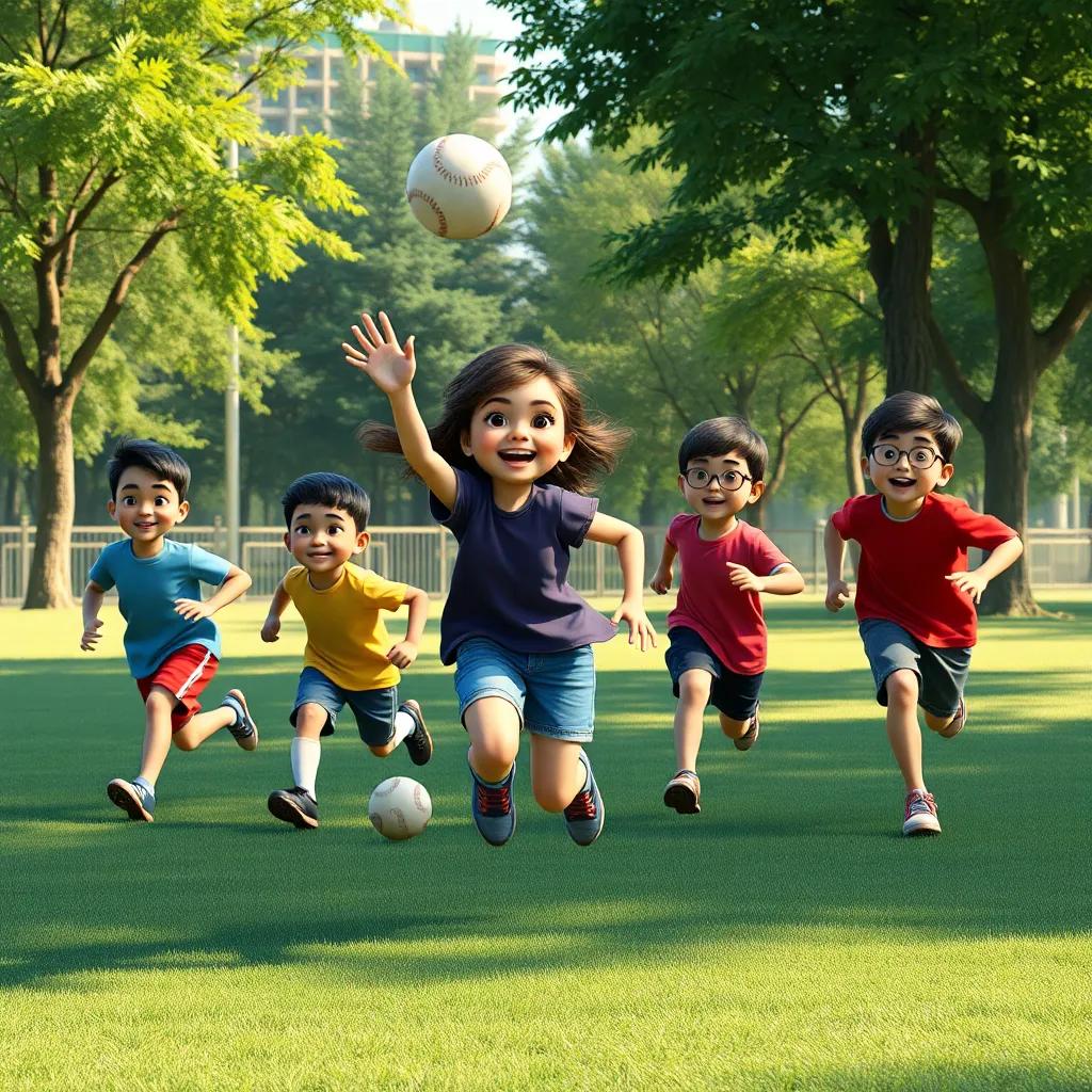 Los niños jugando a la pelota, con Ana lanzando la pelota, todos corriendo y riendo en el parque, digital art, enérgico y dinámico, alta calidad