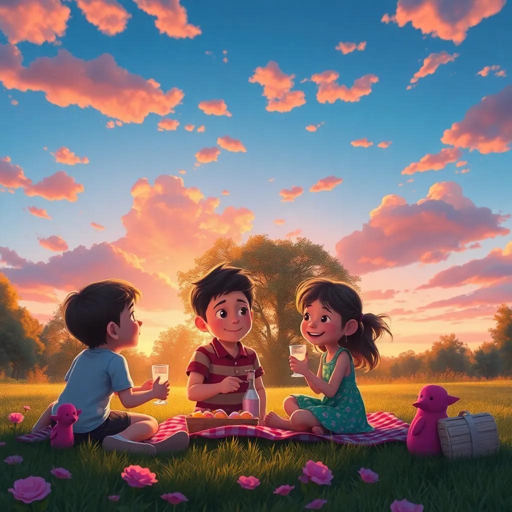 El atardecer en el parque, el cielo con hermosos colores anaranjados y rosas, los niños recogiendo su picnic, digital art, cálido, nostálgico, alta calidad