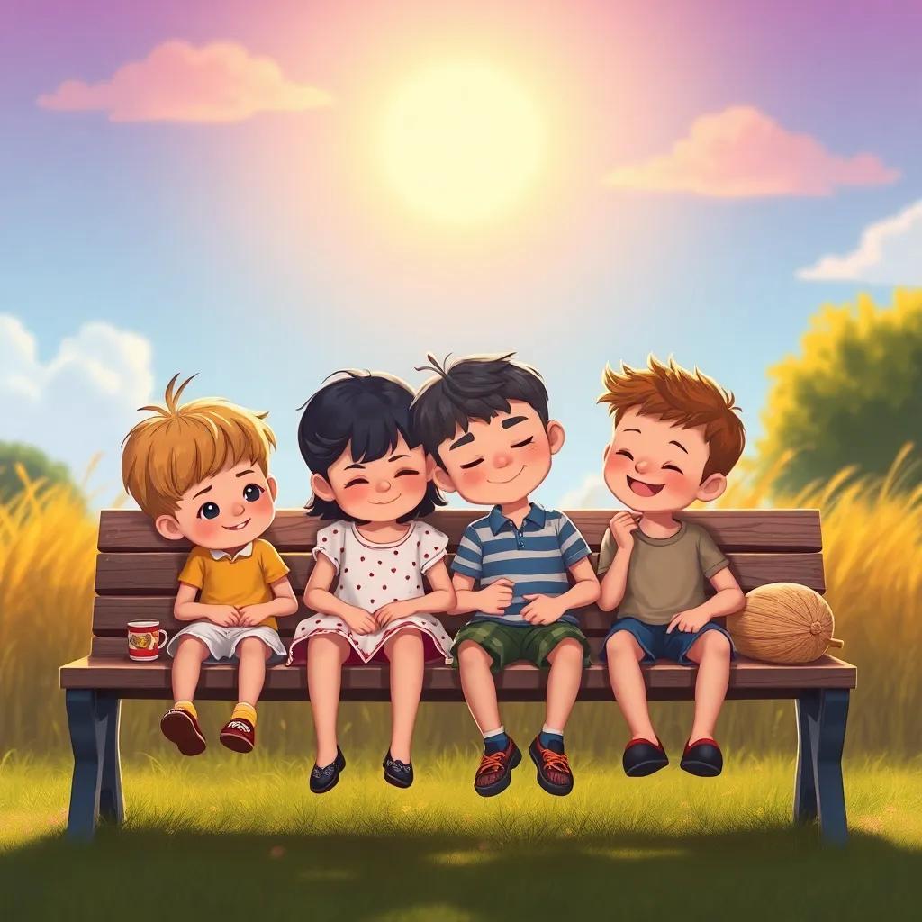 Los niños sentados juntos en una banca, riendo y recordando su día de picnic, con el sol poniente de fondo, digital art, dulce y significativo, alta calidad