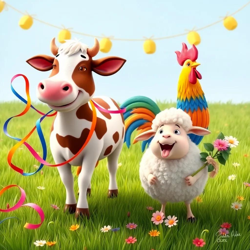 A cow named Lila, with brown and white spots and a big smile, spreading colorful ribbons across the grass, a rooster named Carlitos, colorful and proud, gathering flowers with a sheep named Estela, fluffy and joyful, fun setup, joyful decorations