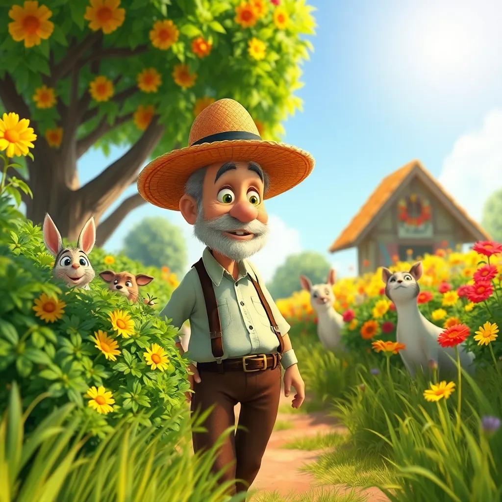 A scene of surprise as Don Manuel, an older man with a straw hat, walks into a decorated meadow, surprised expression, animals hiding behind bushes, vibrant colors, cheerful sunlight, lively and exciting moment, illustration