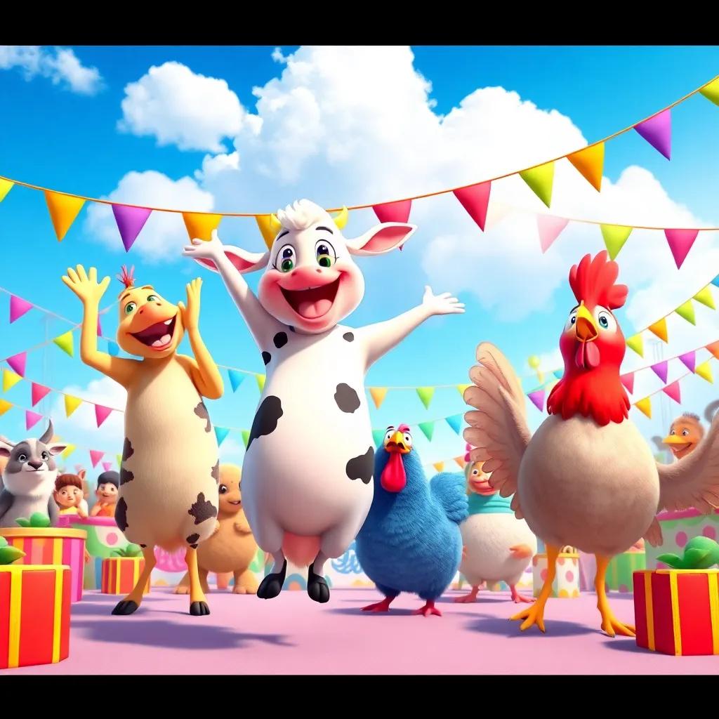 A vibrant party scene with dancing animals, Lila the cow jumping in joy, Clara the hen singing, colorful decorations all around, fluffy clouds in a bright blue sky, conveying a sense of celebration and happiness, colorful digital painting