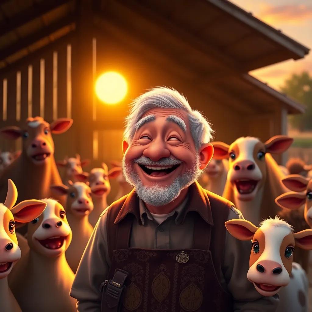 Don Manuel, an older man with a joyful expression, thanking his farm animals, the sun setting, beautiful golden hour light, surrounded by happy animals, heartwarming scene, rich colors, storytelling imagery