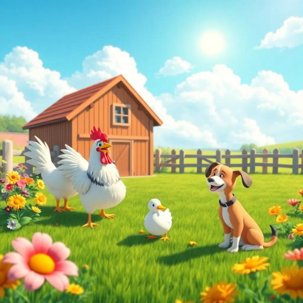 A beautiful sunny farm with colorful flowers and blue sky, animals like a hen, duck, and dog happily planning a surprise party, cheerful atmosphere, vibrant colors