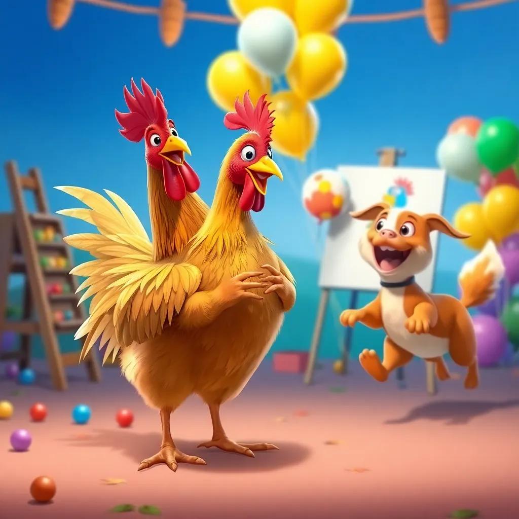 A golden-feathered hen organizing games, a colorful duck painting balloons in the background, a happy dog running around joyfully, playful environment, animated art