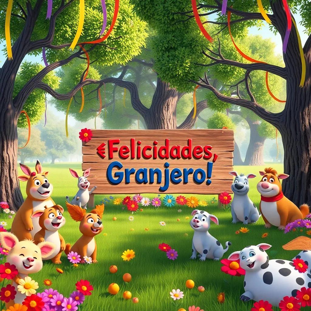 Animals decorating the field with flowers, colorful ribbons hanging from trees, a large sign saying '¡Felicidades, Granjero!' surrounded by cheerful animals, festive scene, bright colors