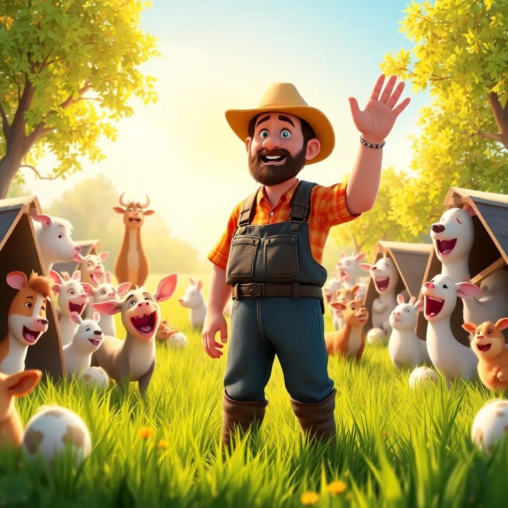 A surprised farmer standing in a sunlit field, surrounded by happy animals jumping out of their hiding places, joy and laughter filling the air, heartwarming moment, detailed and lively