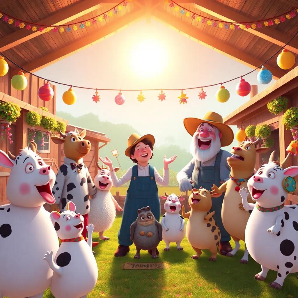 Animals celebrating with the farmer, dancing and singing under a shiny sun, the farm filled with happiness and colorful decorations, a magical atmosphere, warm and inviting