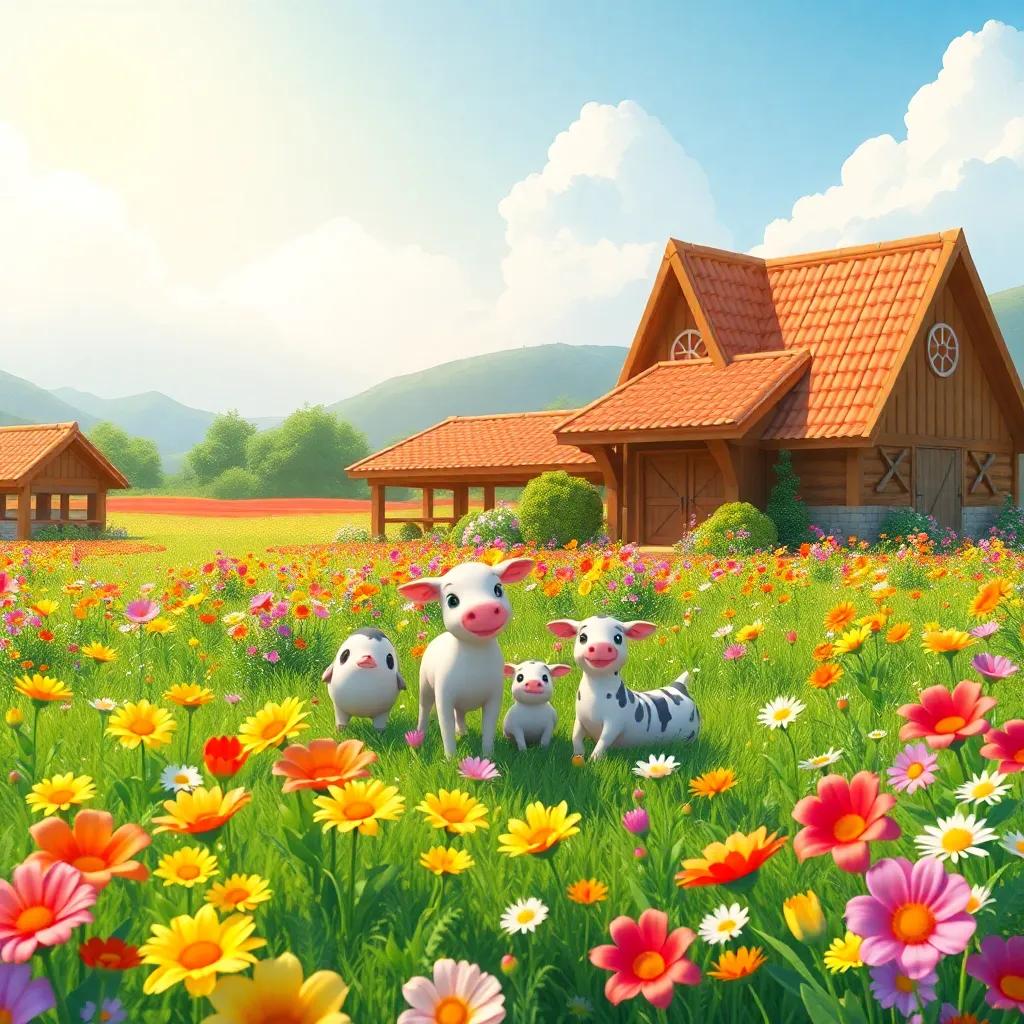 Una hermosa granja con un campo lleno de flores de colores brillantes bajo un sol radiante, un grupo de animales de granja felices, ilustración, alegre, vibrante, alta calidad