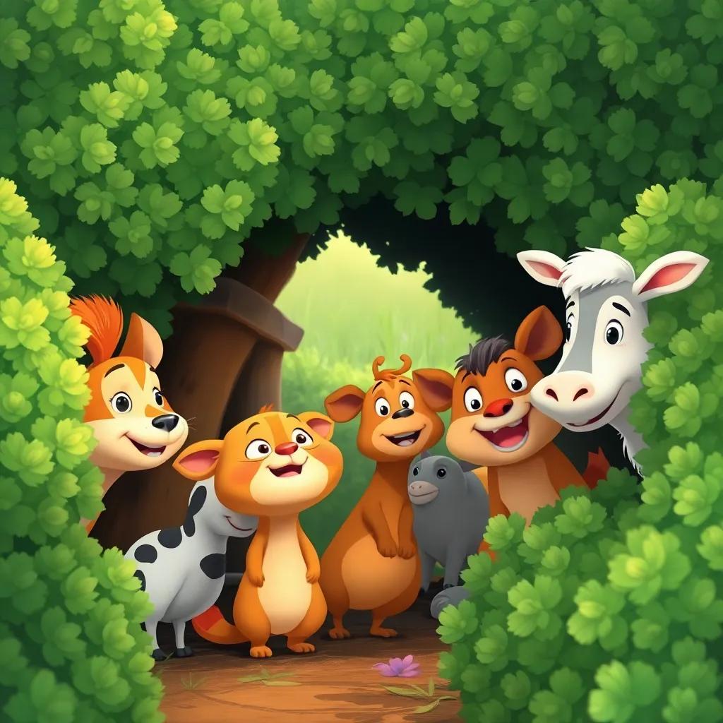 Un grupo de animales escondiéndose detrás de arbustos verdes, mirando emocionados hacia la entrada de la granja, atmósfera de secrecía y felicidad, ilustración, colorido, alta calidad