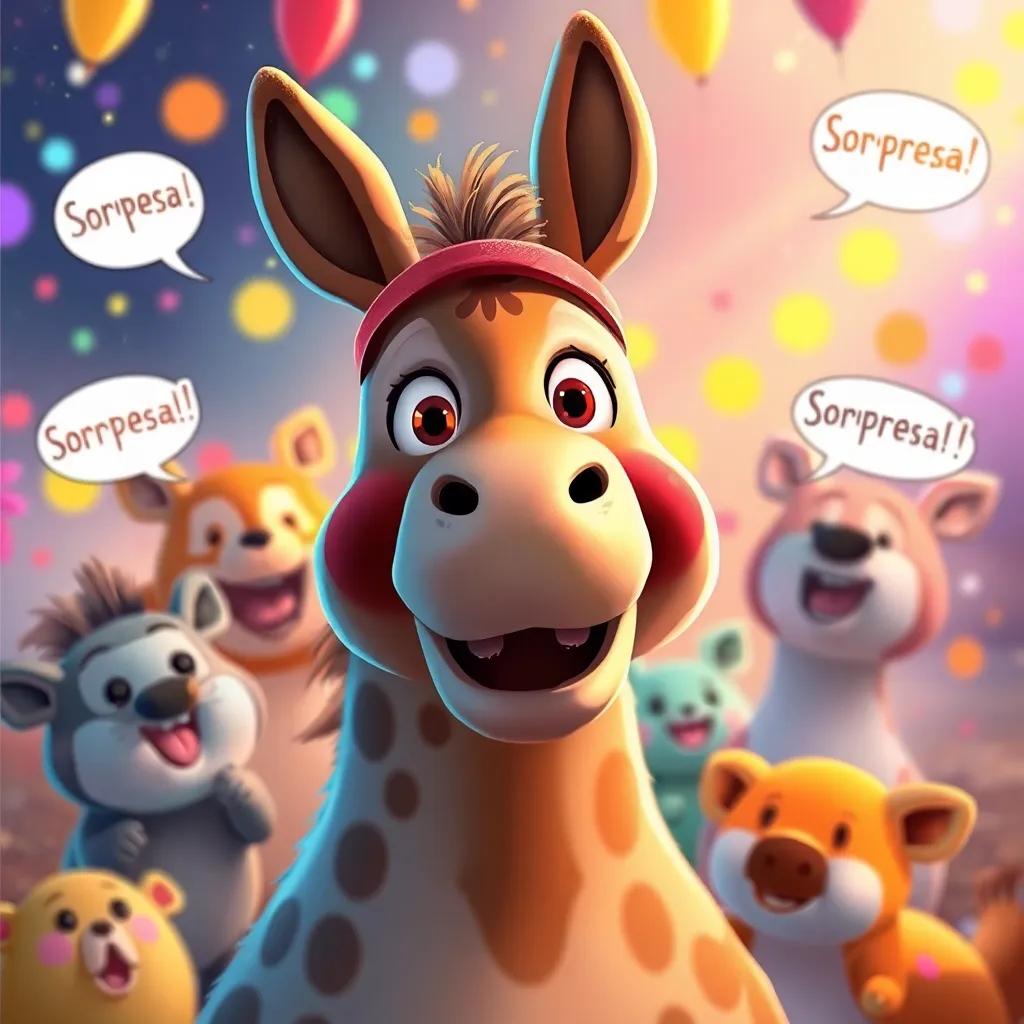 El granjero sorprendido al ver la fiesta, rodeado de animales felices que gritan '¡Sorpresa!', un fondo de colores festivos, ilustración, cálido, alegre, alta calidad