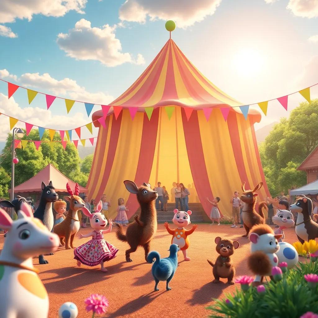 Un gran festín en la granja con un pastel grande y colorido, animales bailando y riendo bajo el sol, ambiente festivo, vibrante, digital art, alta calidad