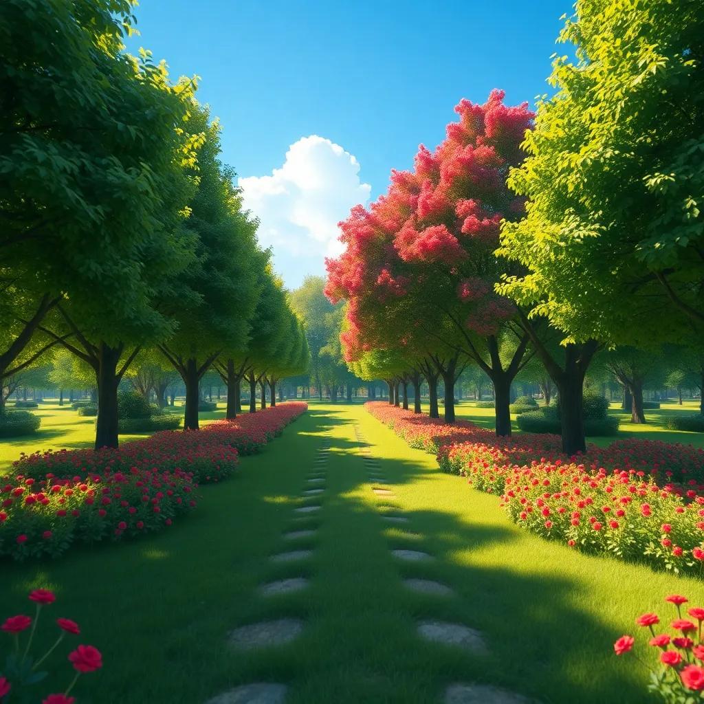 Un hermoso día soleado en un parque lleno de colores, con árboles verdes, flores rojas y un cielo azul, digital art, brillante, alegre, perspectiva amplia, alta calidad