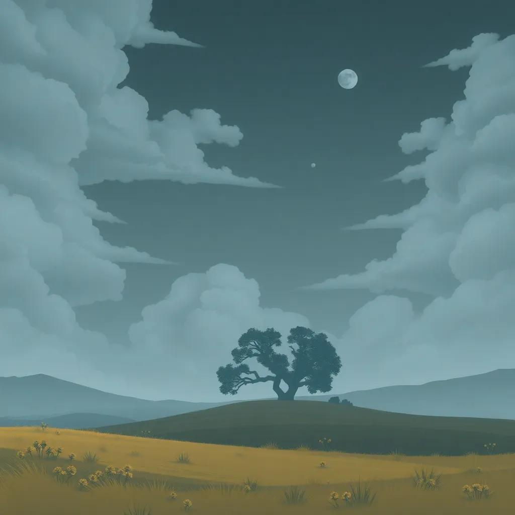 Un paisaje en transición, donde los colores se desvanecen en tonos grises y apagados, mostrando la tristeza del ambiente, ilustración, sombría, melancólica, atención al detalle, alta calidad