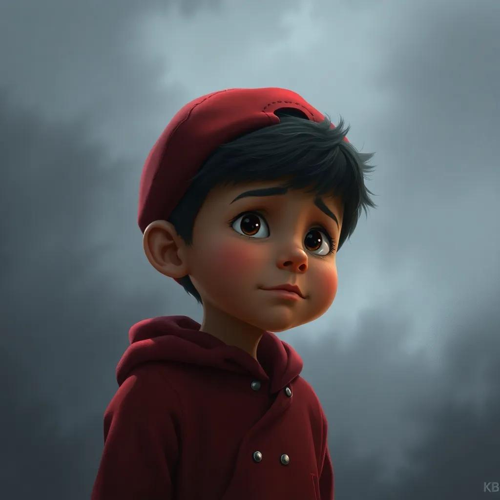 Pablo, un niño alegre, con gorra roja, mirando alrededor con tristeza mientras todo se torna gris, en un ambiente gris y triste, digital painting, emotivo, enfocado, alta calidad