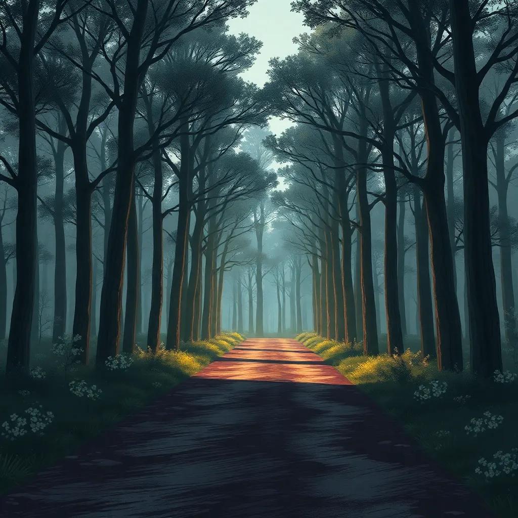 Un camino misterioso hacia un bosque, árboles altos y espinosos, sombra de colores grises, ilustración, intrigante, dramático, alta calidad