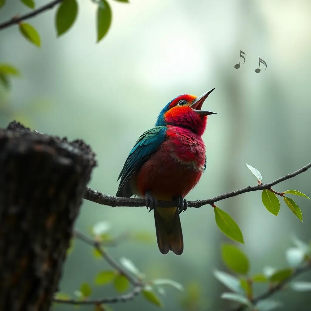 Un pájaro colorido cantando en el bosque, con su canto resonando en un entorno gris, digital art, encantador, musical, perspectiva en ángulo, alta calidad