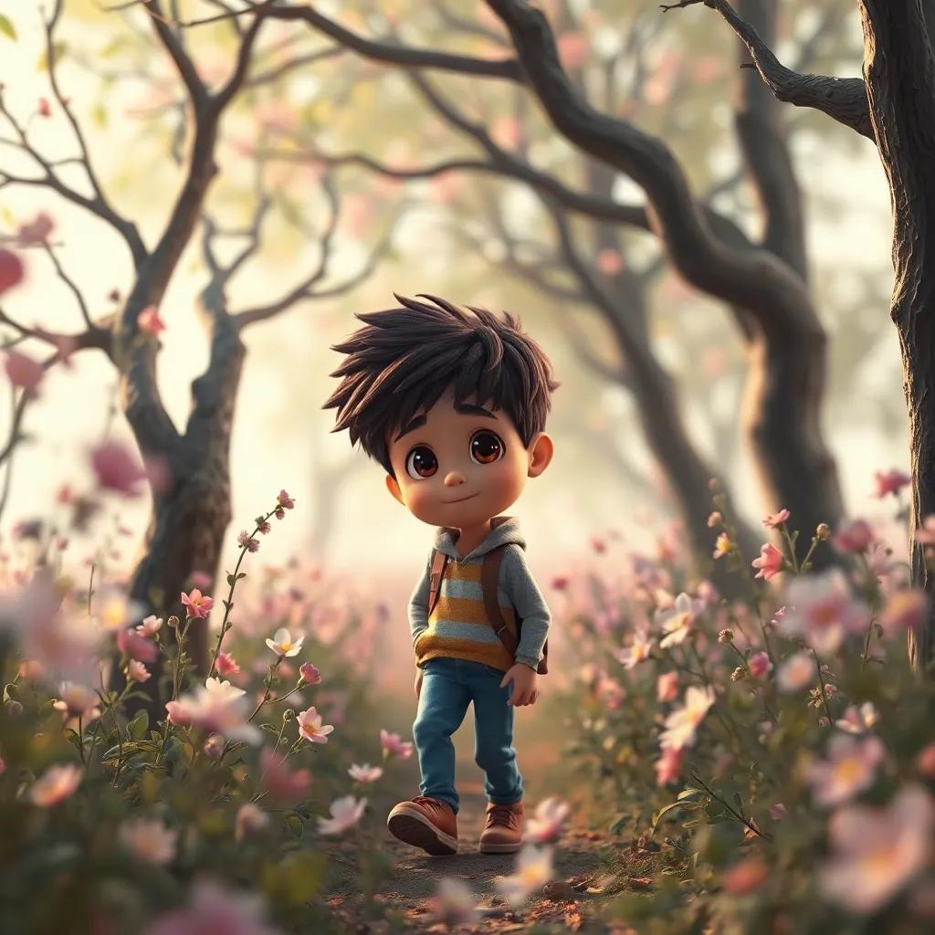 Pablo explorando entre flores marchitas y árboles tristes, buscando con determinación, digital art, expresivo, esperanzador, detalle enfocado, alta calidad