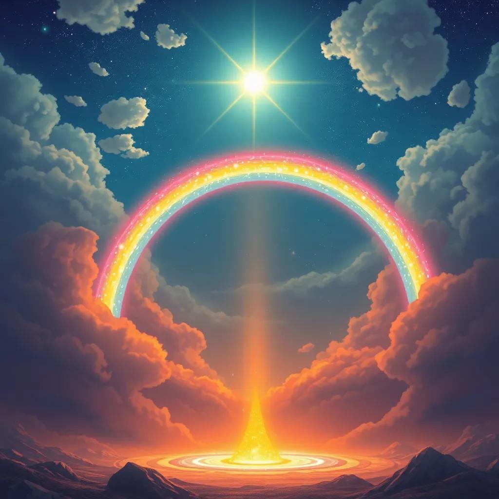 Un gran arcoíris brillante en el cielo, con un cofre mágico en su base que brilla con colores vivos, ilustración, vibrante, asombroso, alta calidad