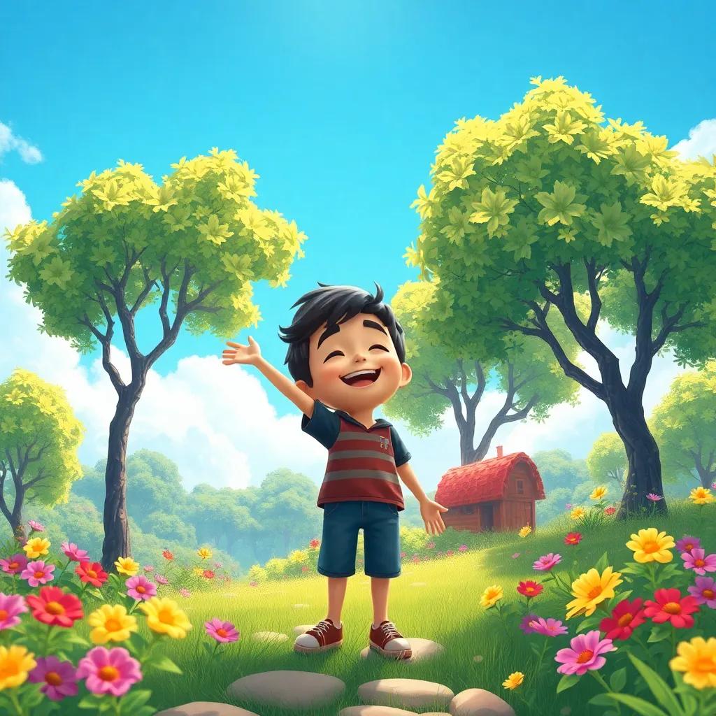 Un paisaje revitalizado con un cielo azul brillante, árboles danzantes y flores coloridas, con Pablo sonriendo en el centro, ilustración, feliz, optimista, alta calidad