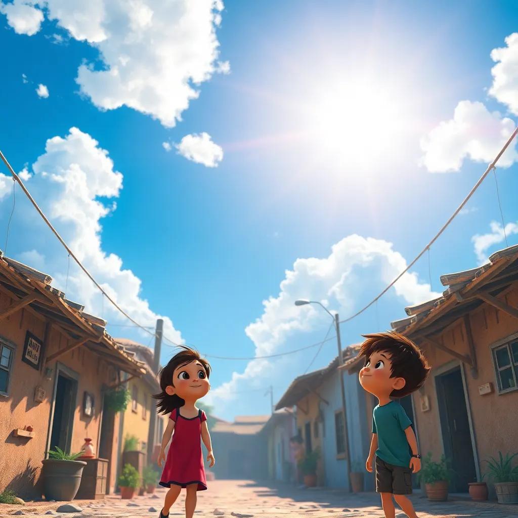 Un hermoso día en un pueblo soleado, el sol brilla felizmente en el cielo azul, con niños sonriendo y mirando hacia arriba, digital art, vibrante, alegre, perspectiva en el pueblo