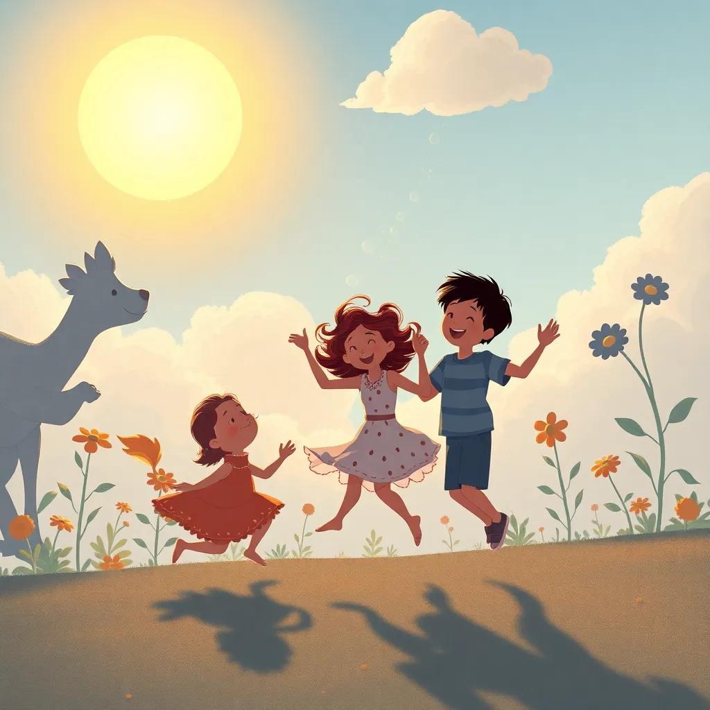 El sol haciendo círculos en el cielo, sombras divertidas de animales y plantas bailando en el suelo, niños riendo y saltando de alegría, ilustración creativa, colorido, juguetón