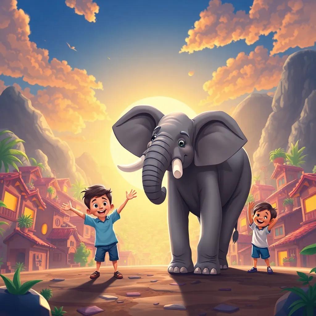 Una sombra grande de un elefante, niños imitando al elefante con brazos extendidos y risas, fondo del pueblo lleno de color, arte digital, caricaturesco, divertido