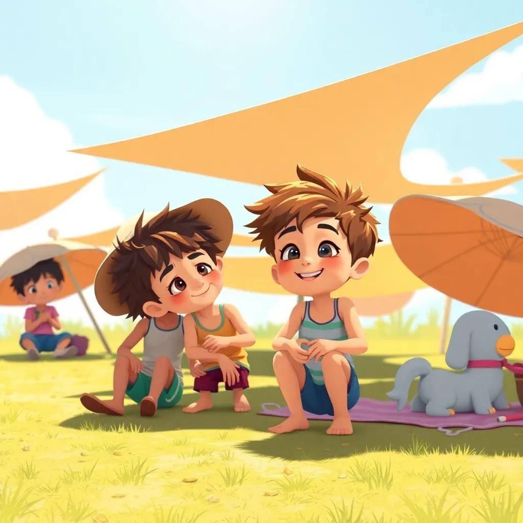 Niños asustados por sombras largas y delgadas, luego empezando a jugar con ellas, una escena de diversión bajo el sol, cálido, amigable para los niños, ilustración
