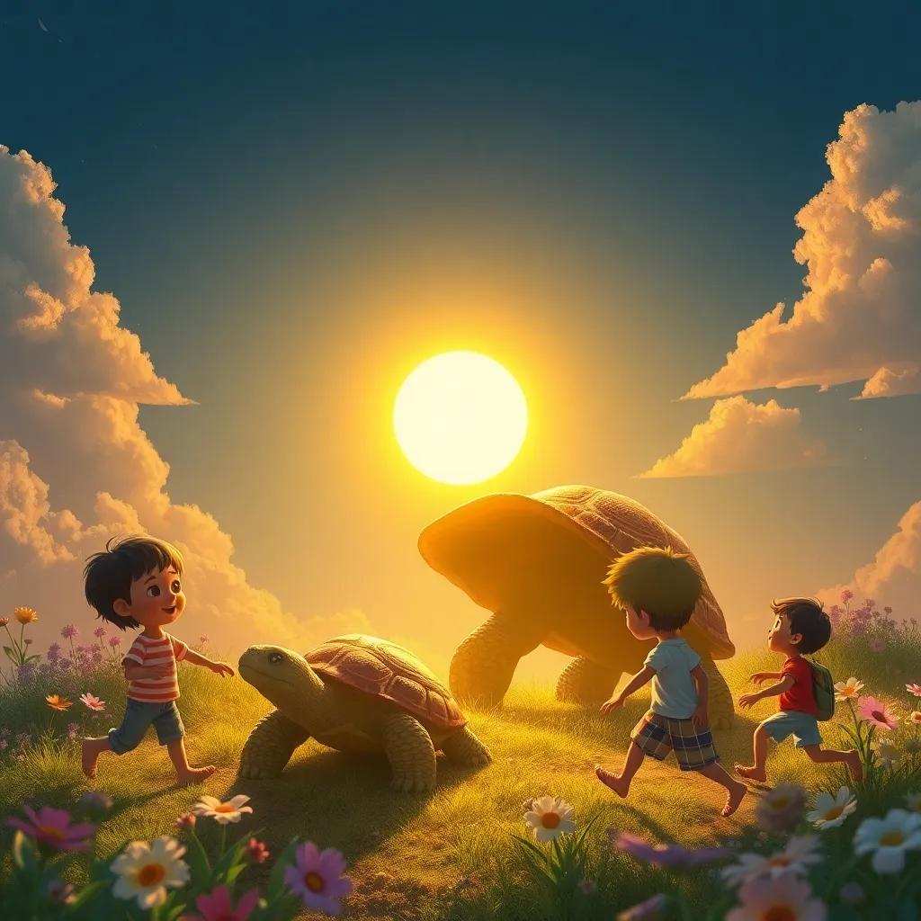 El sol transformando una sombra en una tortuga, niños agachándose y caminando lento, flores alrededor, escena divertida y alegre, arte digital, vibrante, imaginación