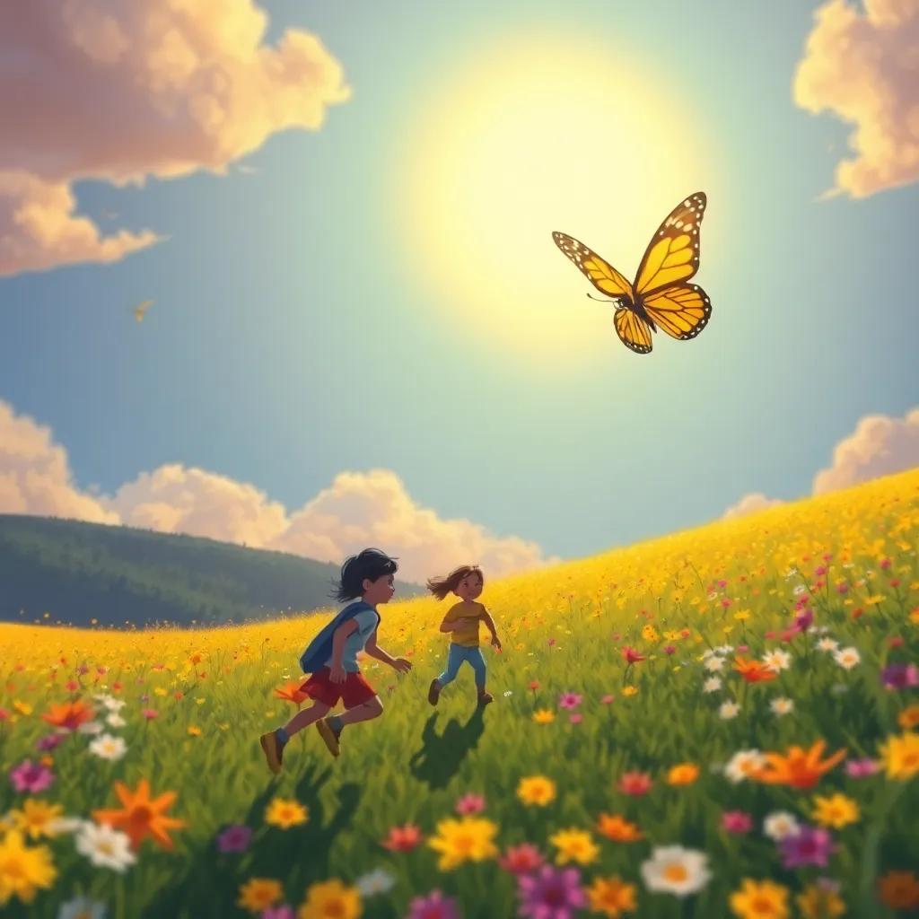 El sol creando una sombra de mariposa, niños corriendo por el campo tratando de atraparla, un paisaje colorido y lleno de flores, ilustración, aventura, infantil