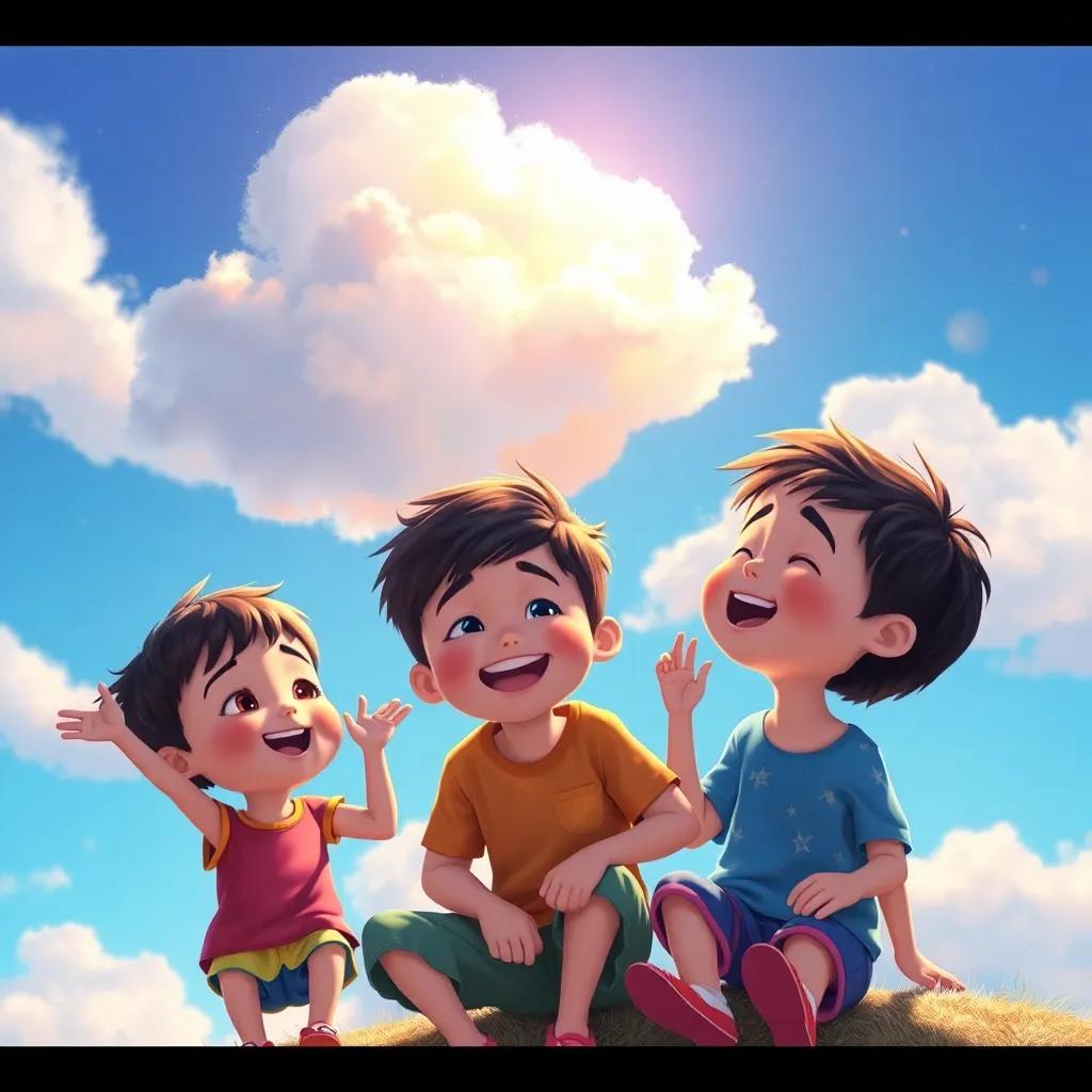 Una nube haciendo formas divertidas, niños señalando y riendo, fondo del cielo azul y soleado, arte colorido, vibrante, inocente