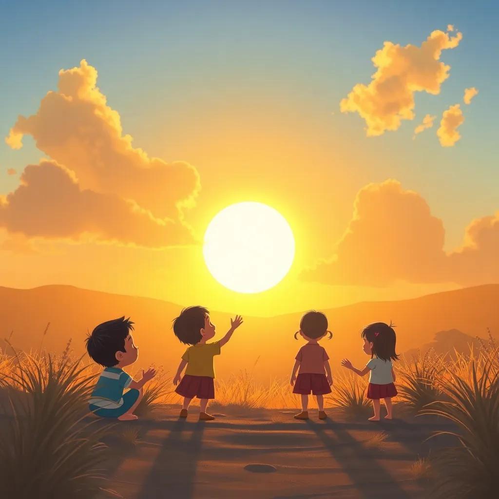 El sol despidiéndose con un brillo dorado, sombras suaves mientras los niños lo saludan, ambiente nostálgico y cálido, ilustración entrañable, emotivo